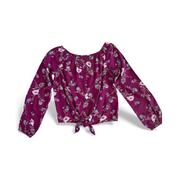 NWT Abercrombie Floral Long Sleeve Crop Tie Front Button Down Top Girls 9/10 - Picture 1 of 9